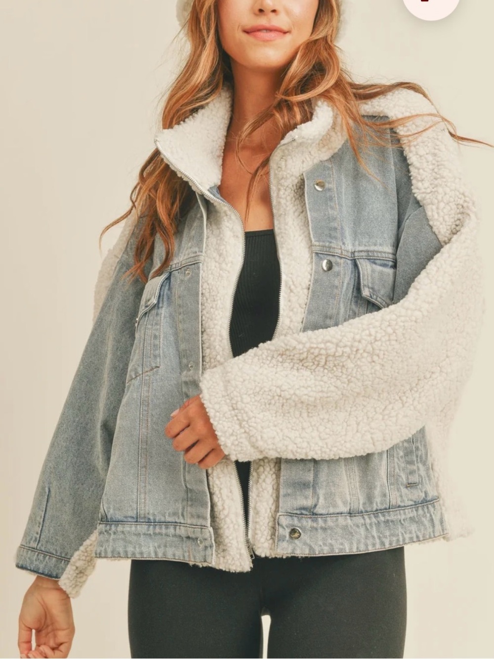 NWOT Mable Women’s Sherpa-Lined Light Blue Denim Teddy Jacket with Cream Trim